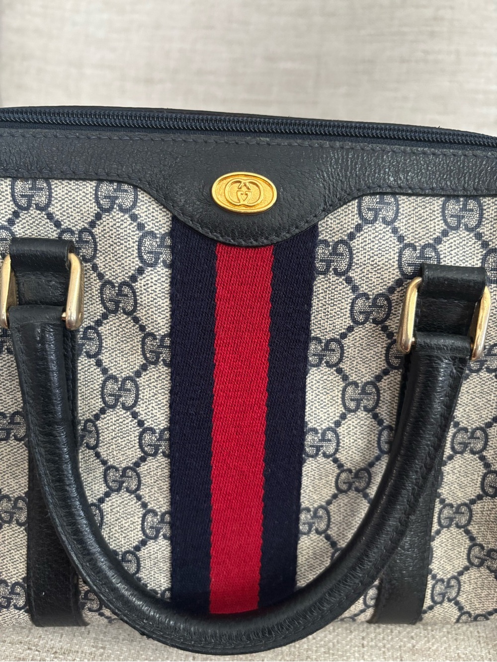 Gucci Beige GG Canvas Boston Bag with Sherry Line Navy - Picture 14 of 16